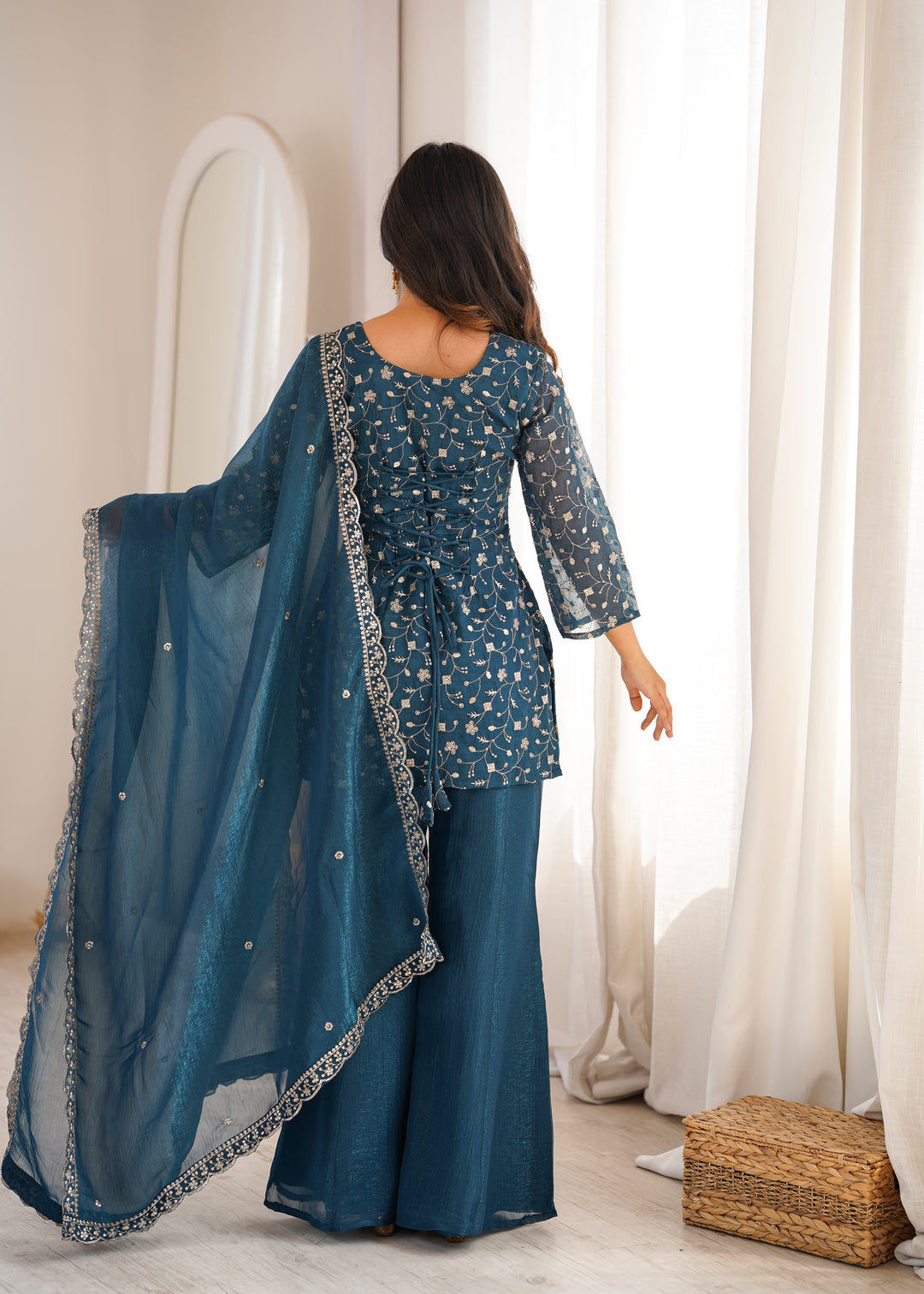 Teal Blue Embroidered Pakistani Style Sharara Suit