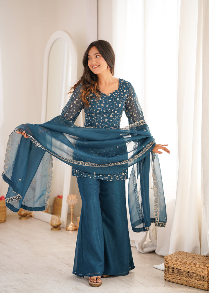Teal Blue Embroidered Pakistani Style Sharara Suit
