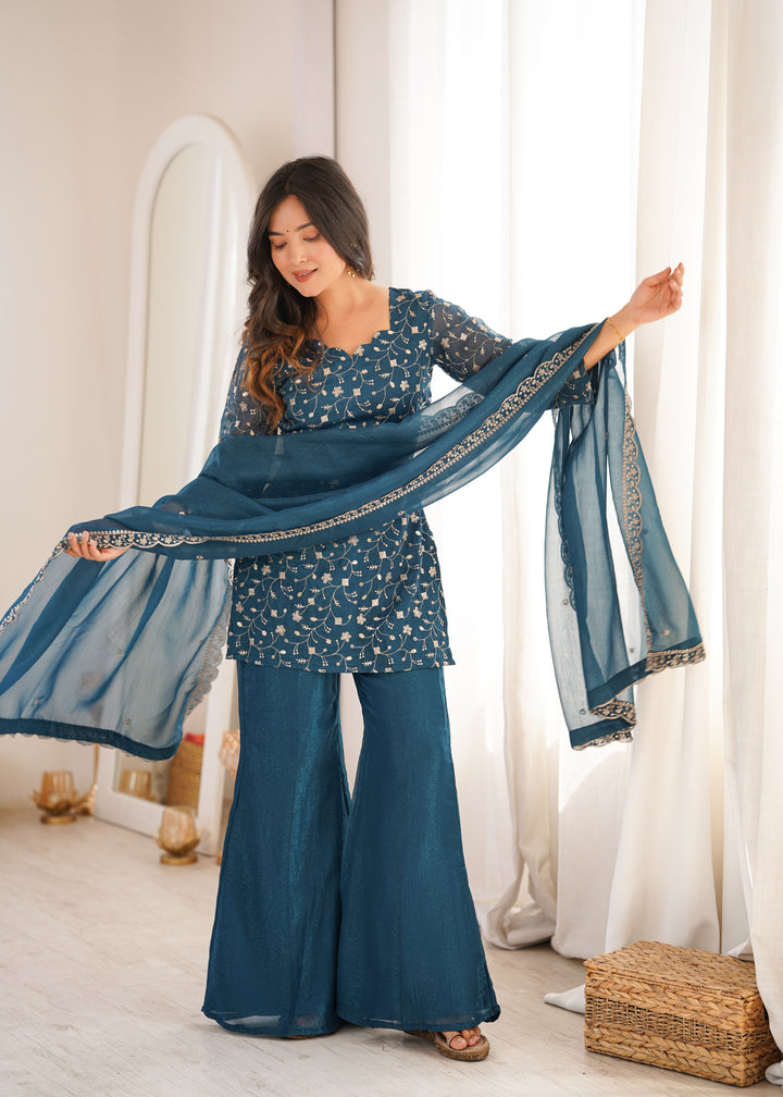 Teal Blue Embroidered Pakistani Style Sharara Suit