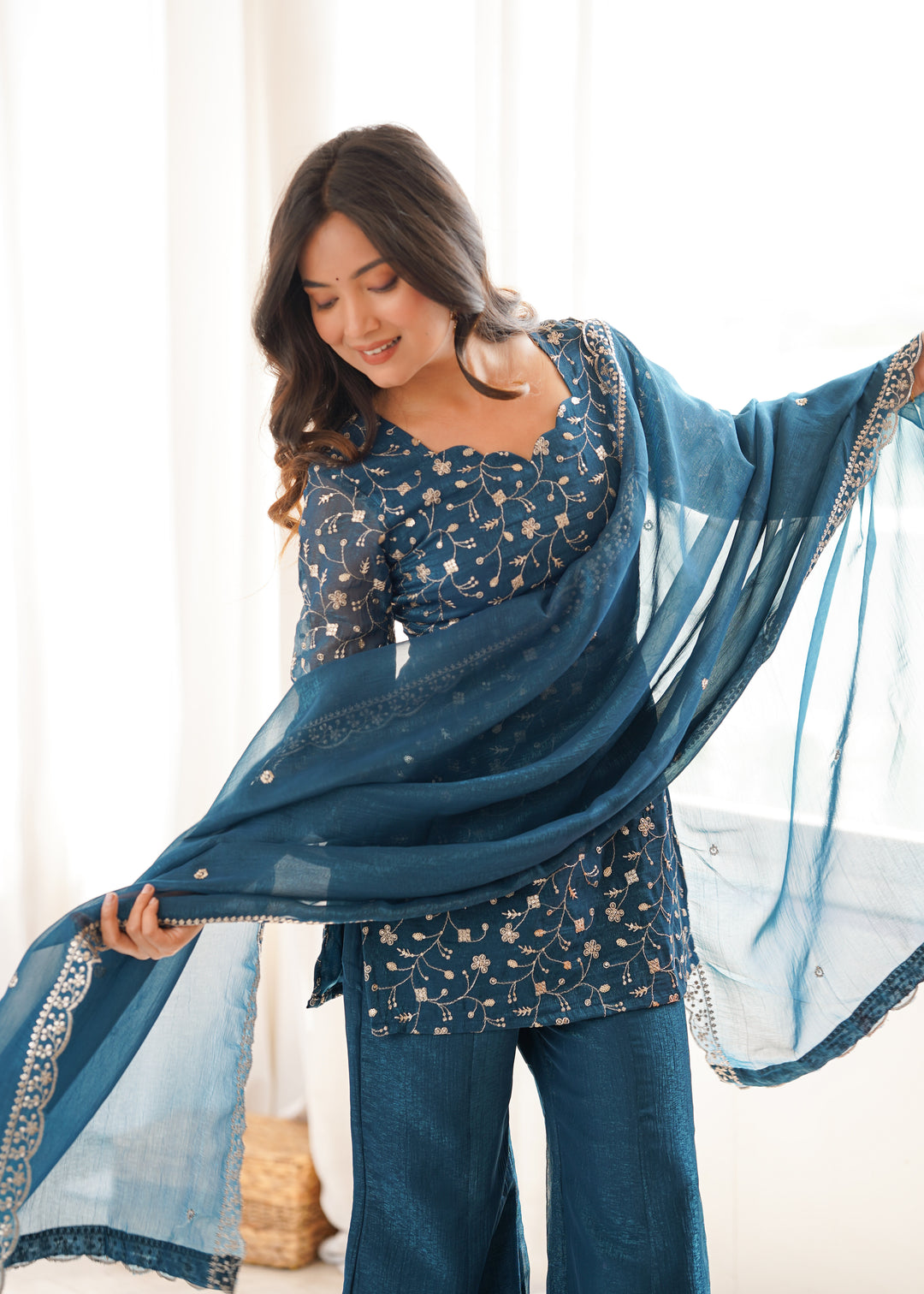 Teal Blue Embroidered Pakistani Style Sharara Suit