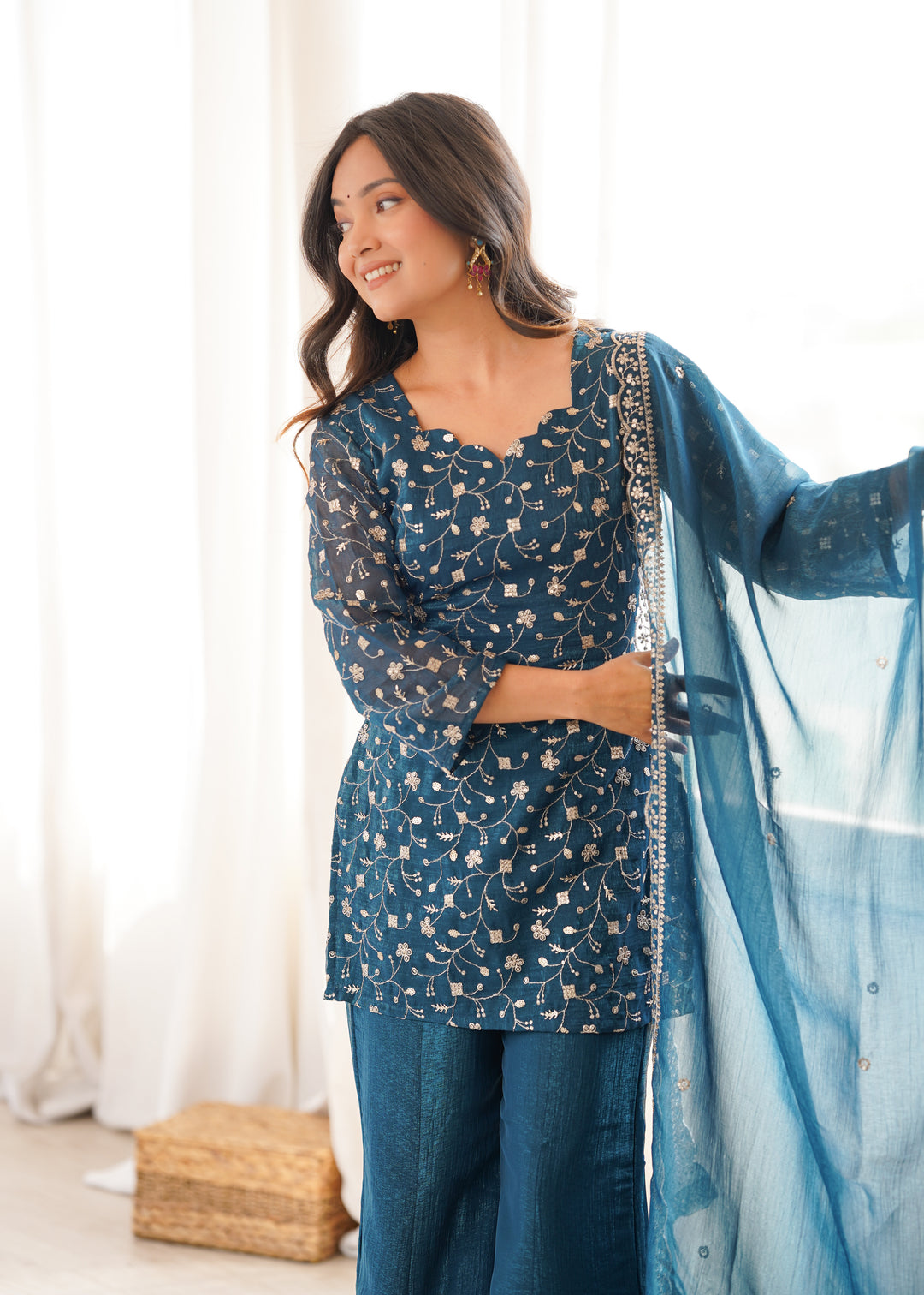 Teal Blue Embroidered Pakistani Style Sharara Suit