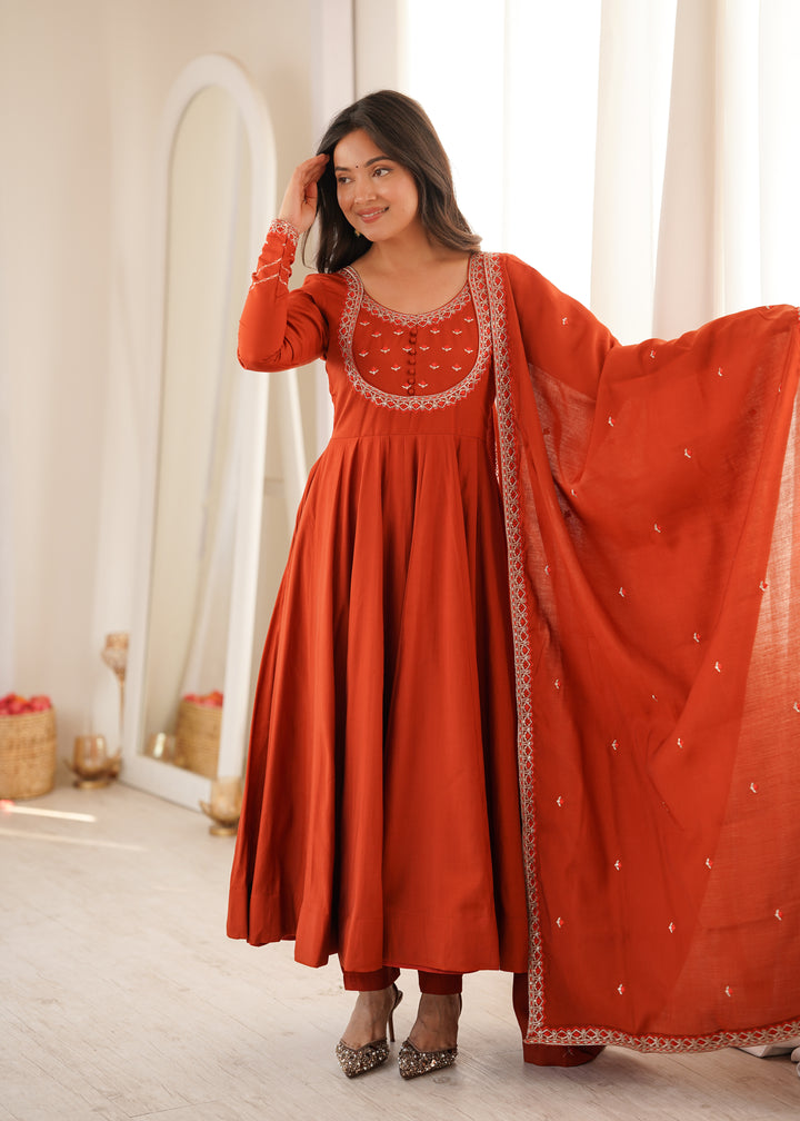 Rust Orange Embroidered Flared Anarkali Suit
