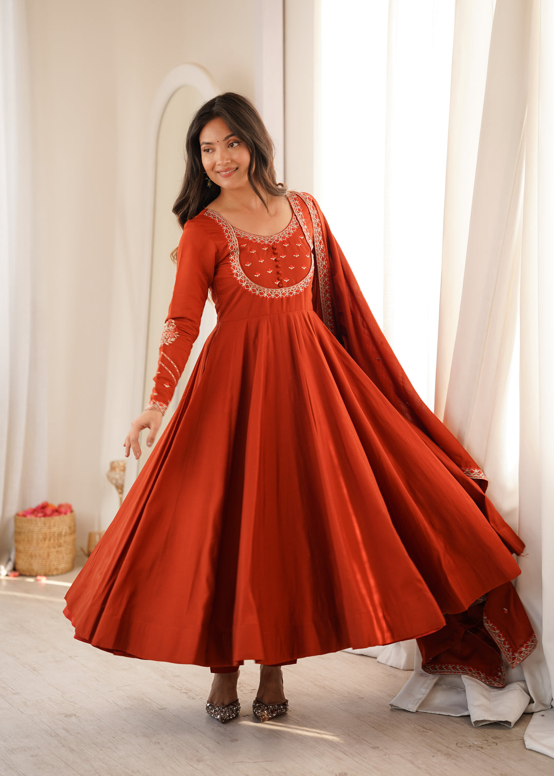 Rust Orange Embroidered Flared Anarkali Suit