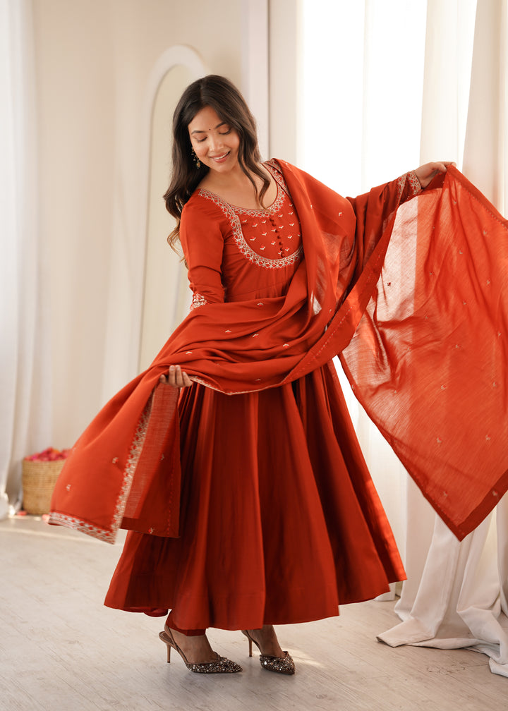 Rust Orange Embroidered Flared Anarkali Suit
