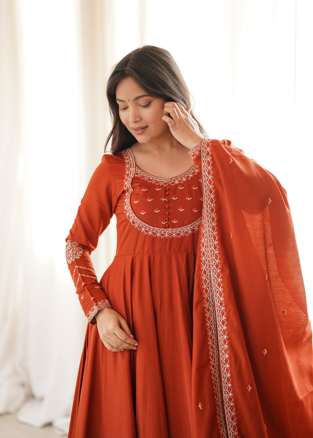 Rust Orange Embroidered Flared Anarkali Suit