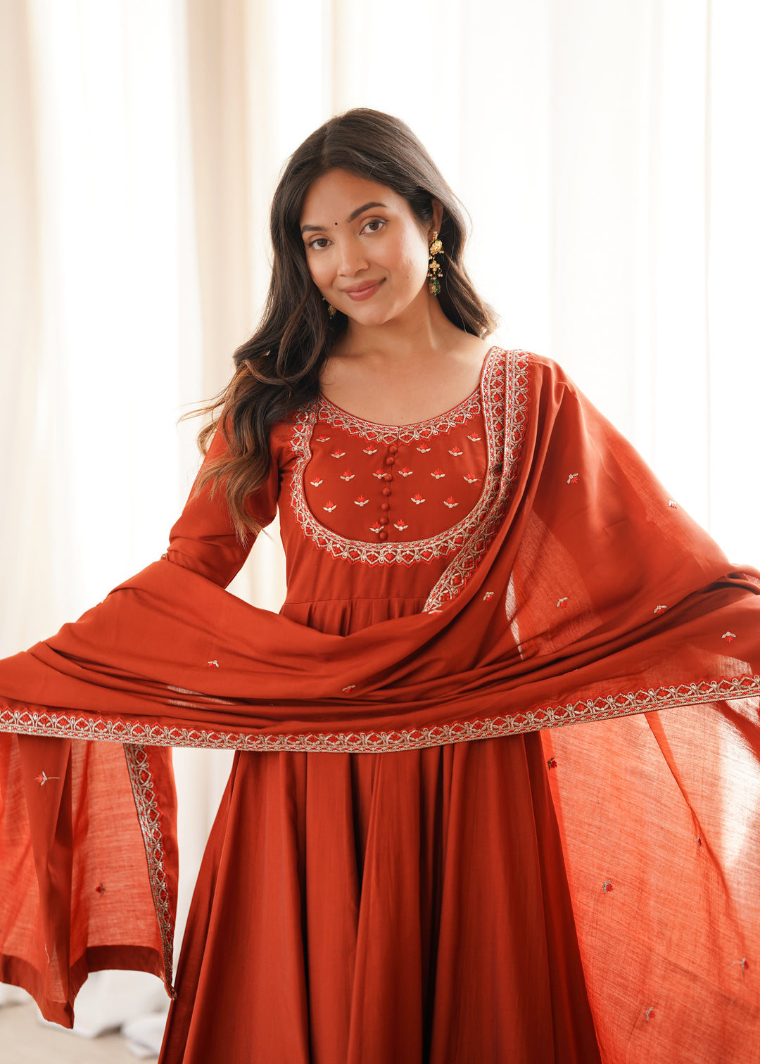 Rust Orange Embroidered Flared Anarkali Suit