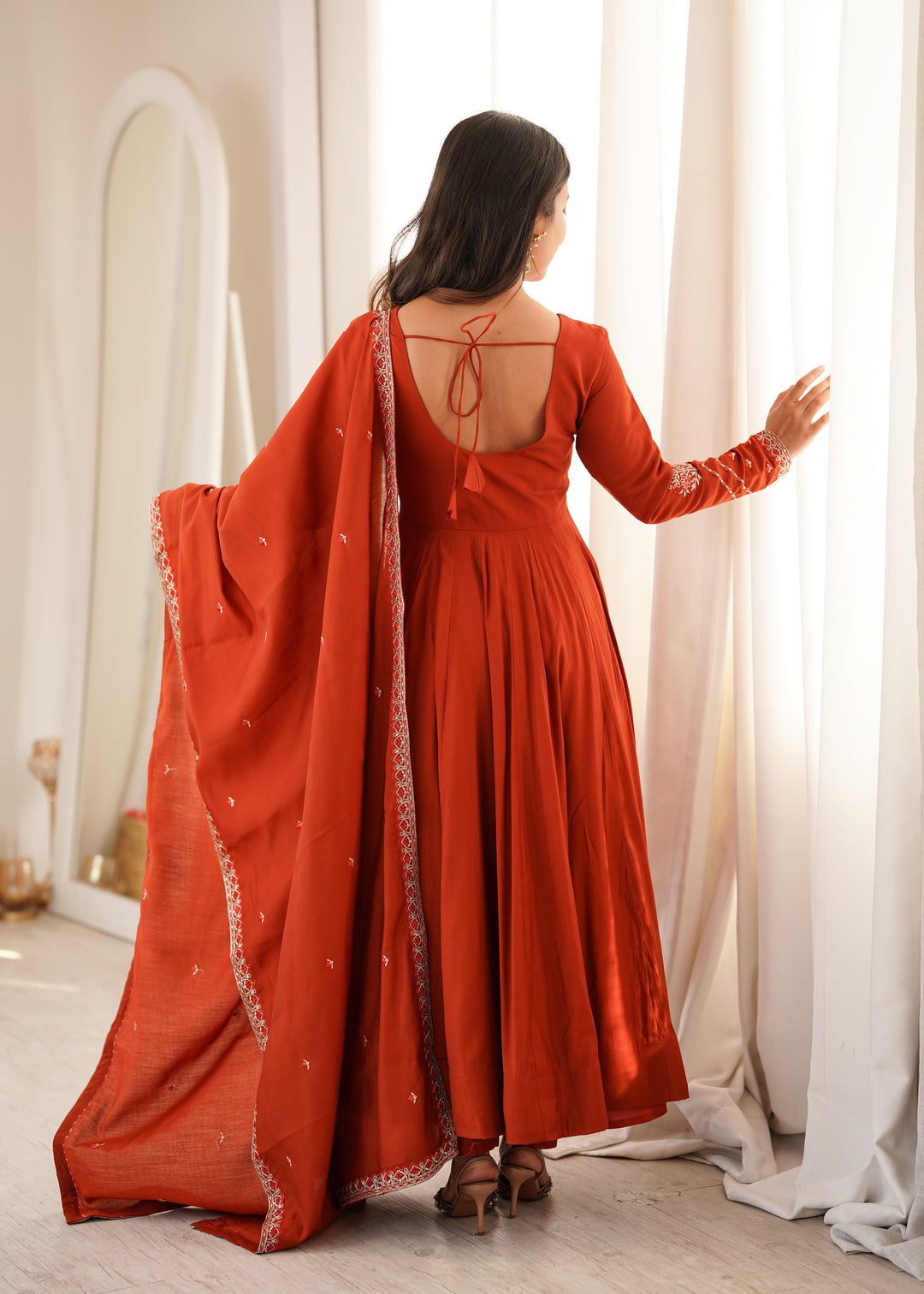 Rust Orange Embroidered Flared Anarkali Suit