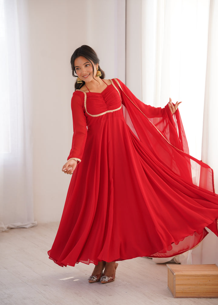 Red Halter Style Flared Georgette Gown