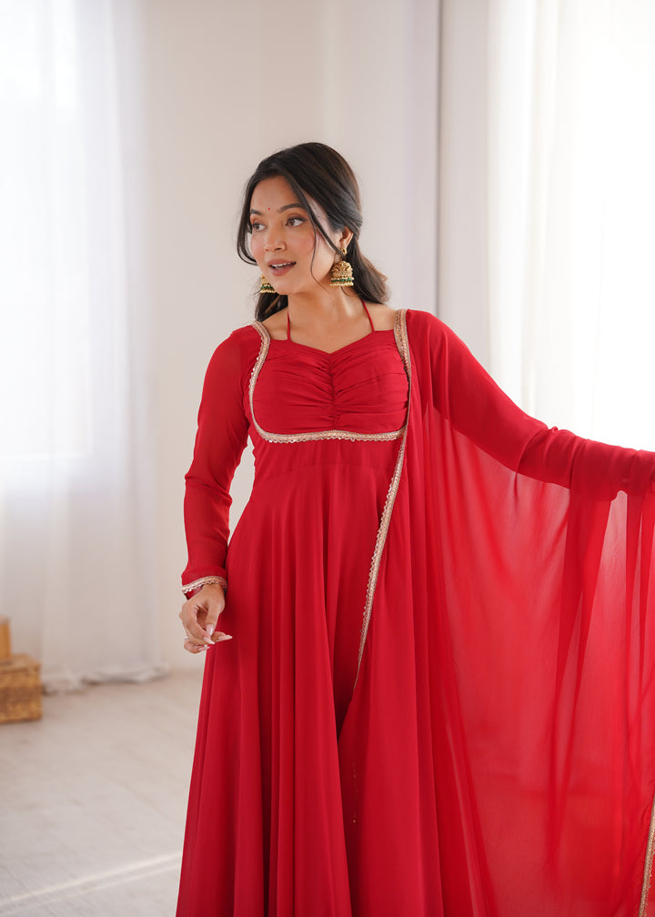 Red Halter Style Flared Georgette Gown