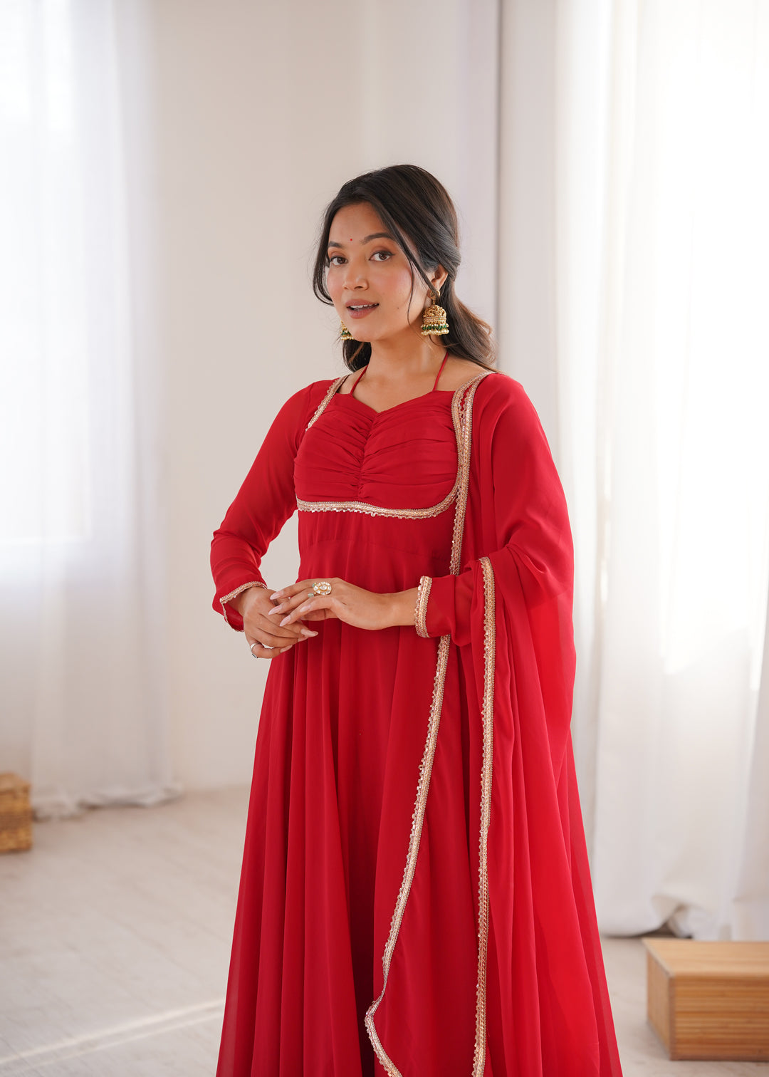 Red Halter Style Flared Georgette Gown