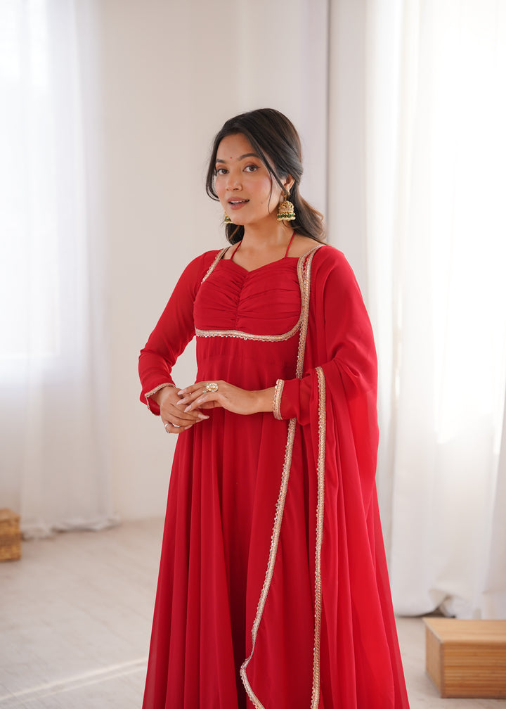 Red Halter Style Flared Georgette Gown