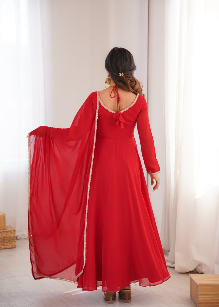 Red Halter Style Flared Georgette Gown