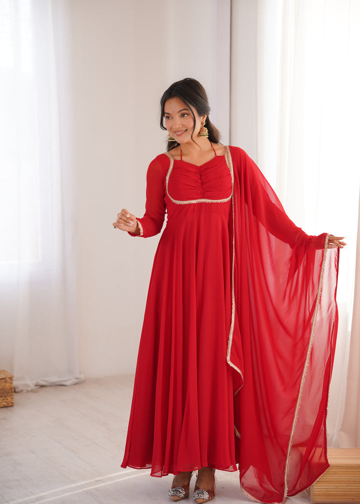 Red Halter Style Flared Georgette Gown