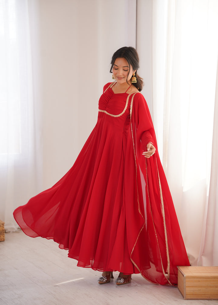 Red Halter Style Flared Georgette Gown