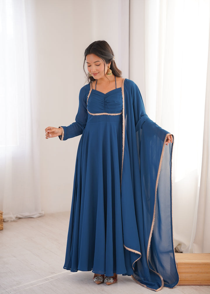 Teal Blue Halter Style Flared Georgette Gown