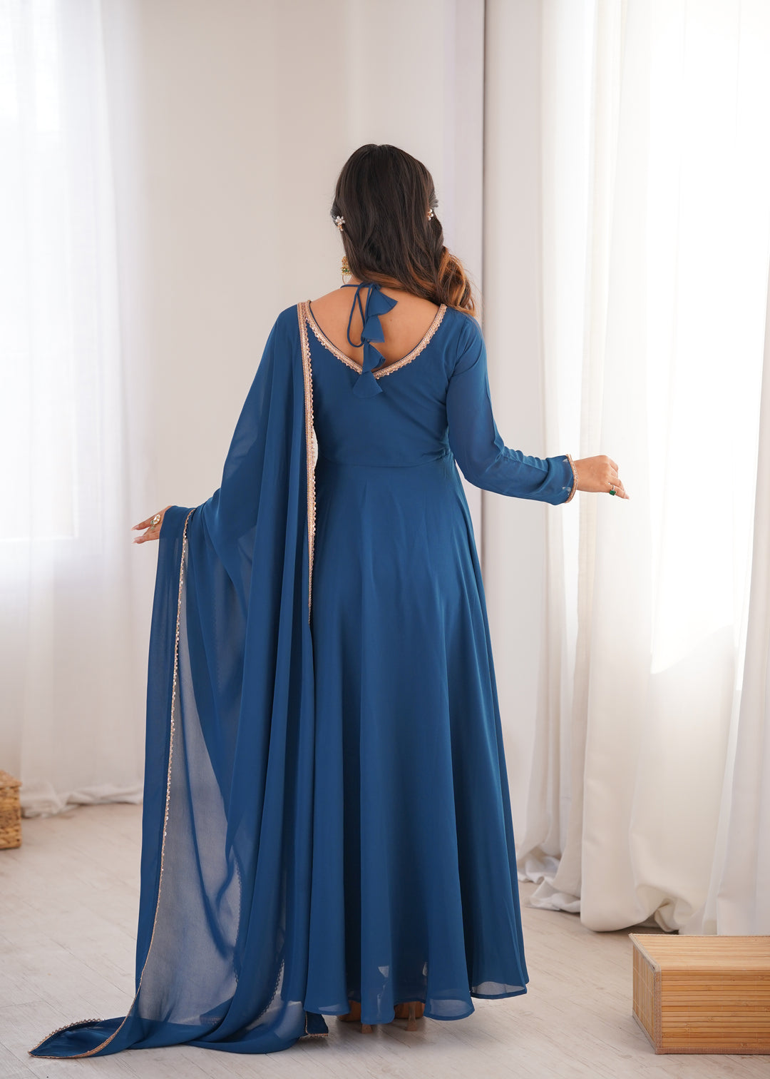 Teal Blue Halter Style Flared Georgette Gown