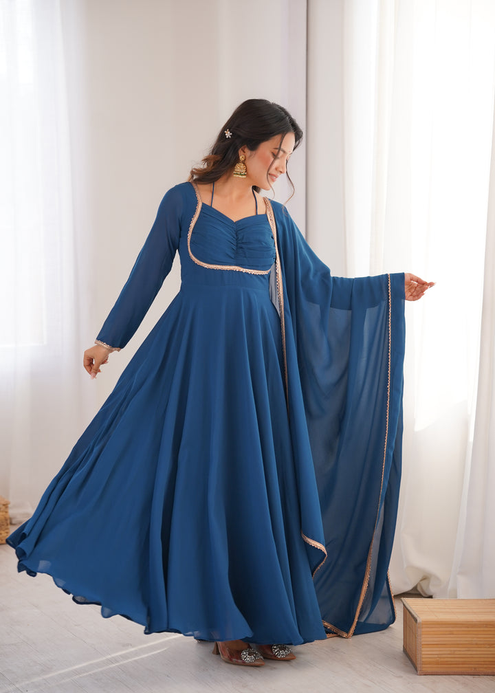 Teal Blue Halter Style Flared Georgette Gown