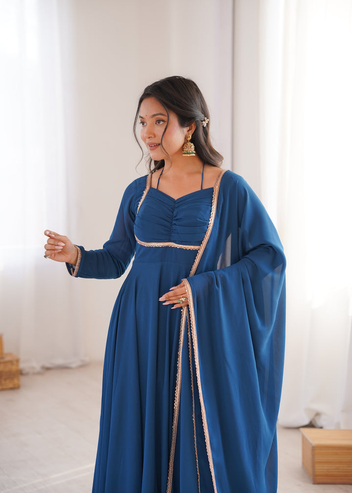 Teal Blue Halter Style Flared Georgette Gown