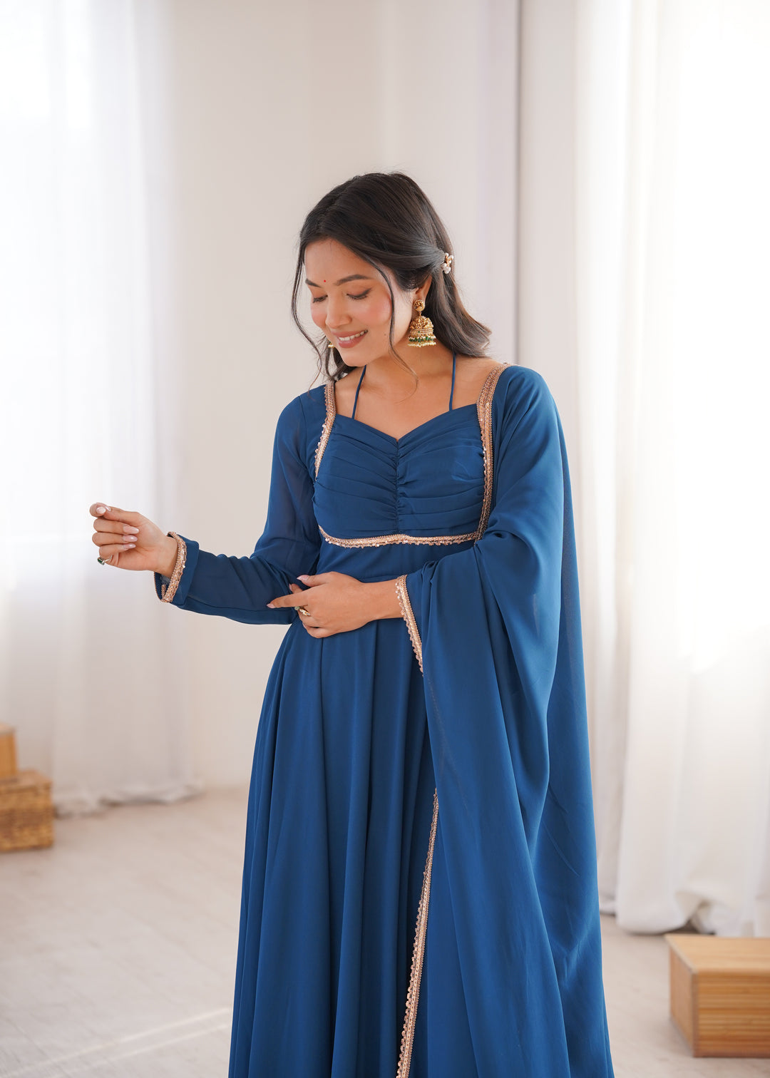 Teal Blue Halter Style Flared Georgette Gown