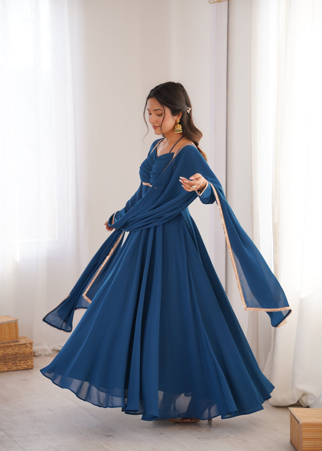 Teal Blue Halter Style Flared Georgette Gown