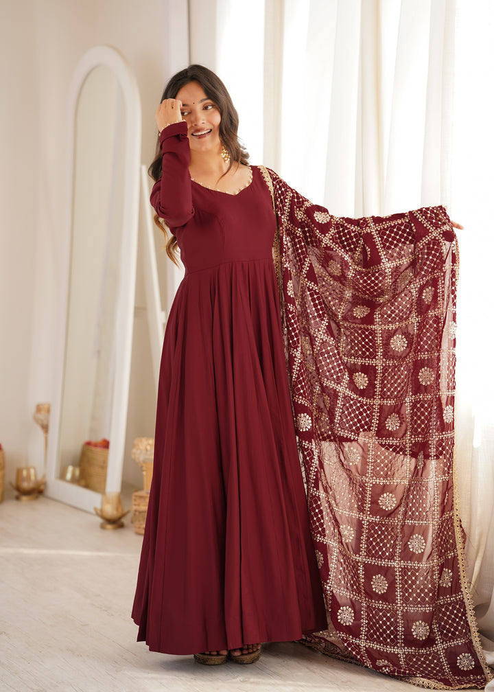 Maroon Flared Anarkali Suit With Embroidered Dupatta