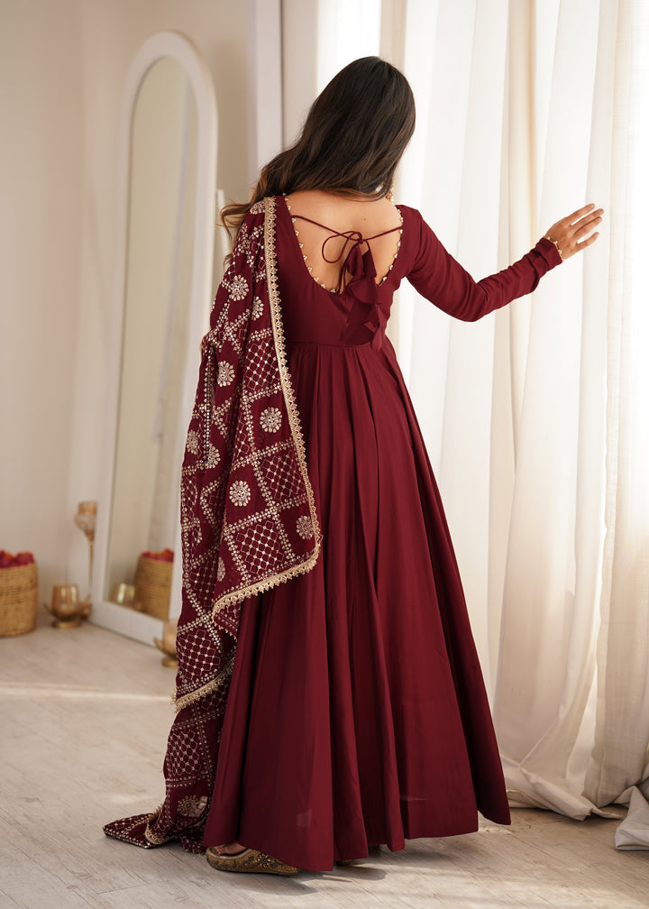 Maroon Flared Anarkali Suit With Embroidered Dupatta