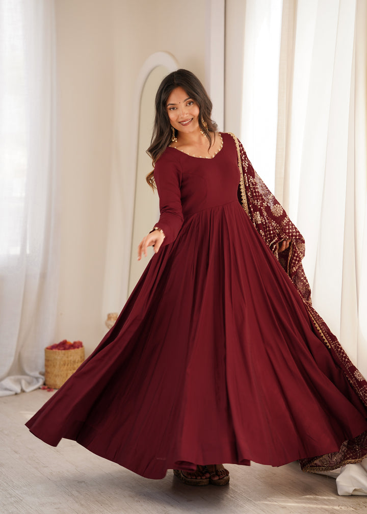 Maroon Flared Anarkali Suit With Embroidered Dupatta