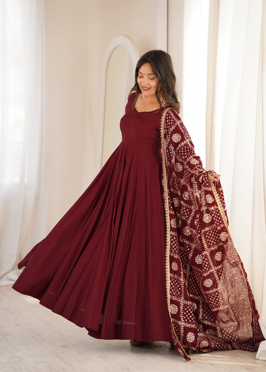 Maroon Flared Anarkali Suit With Embroidered Dupatta