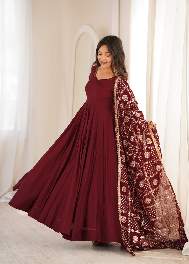 Maroon Flared Anarkali Suit With Embroidered Dupatta