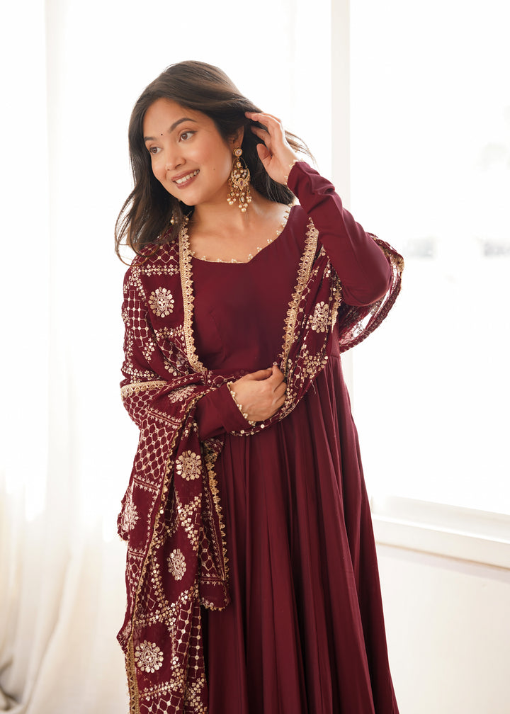 Maroon Flared Anarkali Suit With Embroidered Dupatta