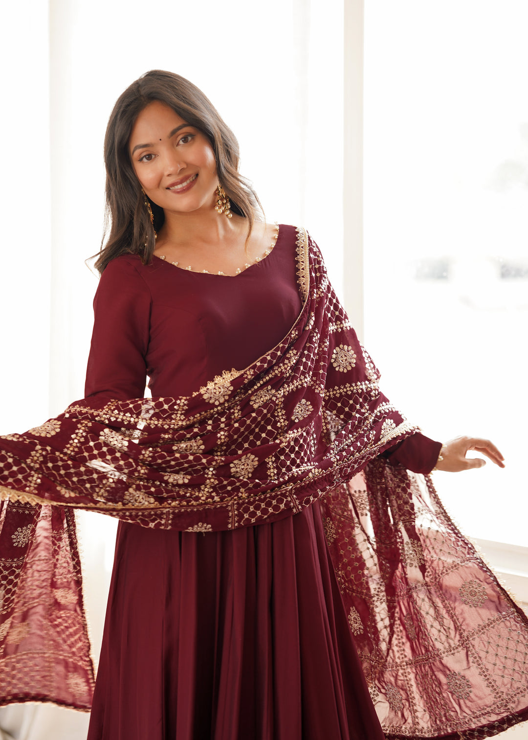 Maroon Flared Anarkali Suit With Embroidered Dupatta