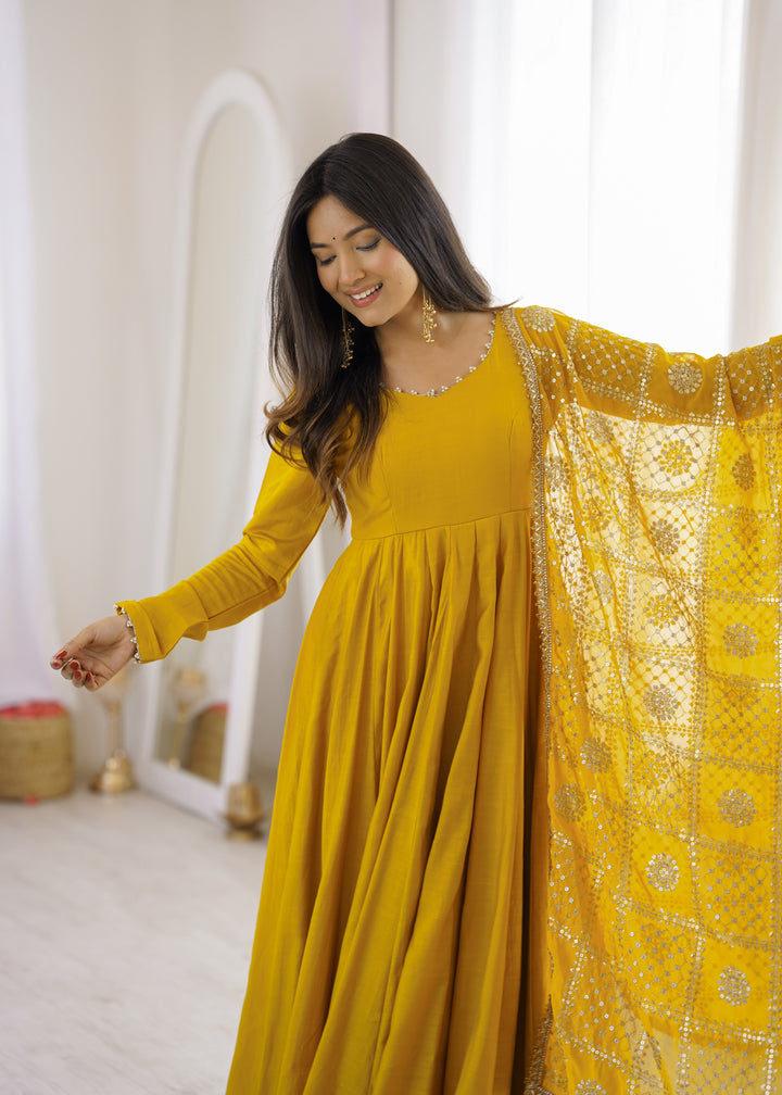 Mustard Yellow Flared Anarkali Suit With Embroidered Dupatta