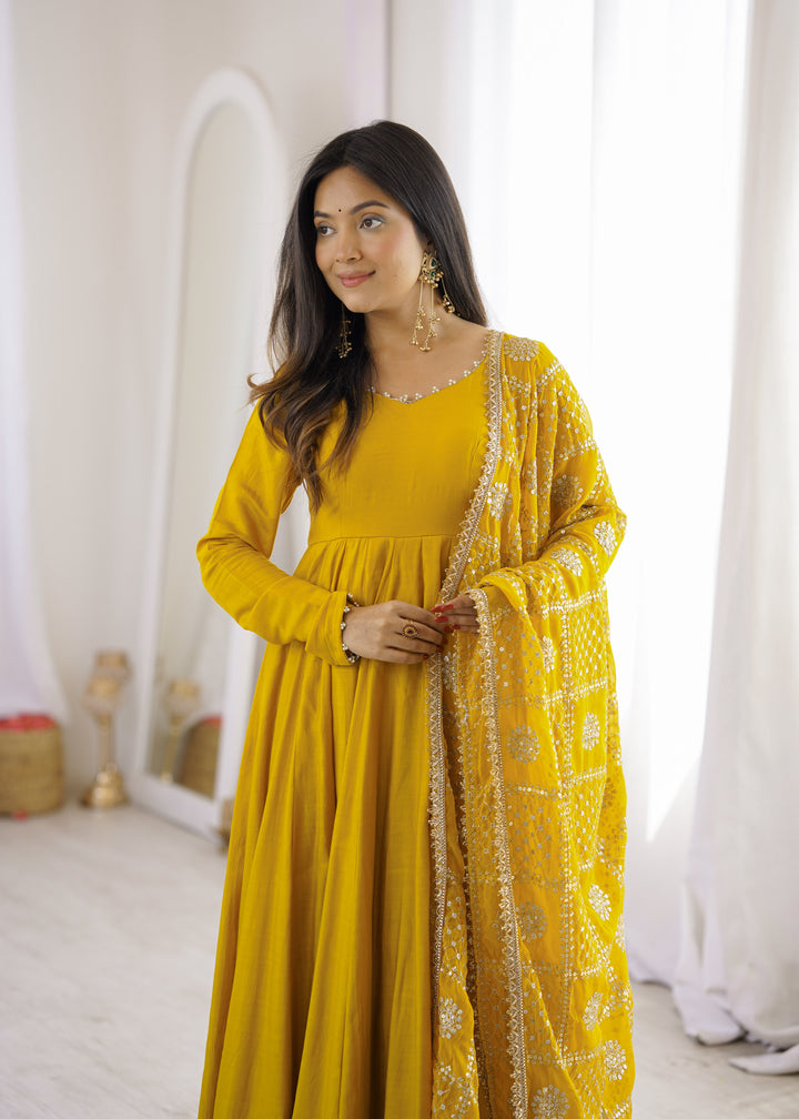 Mustard Yellow Flared Anarkali Suit With Embroidered Dupatta