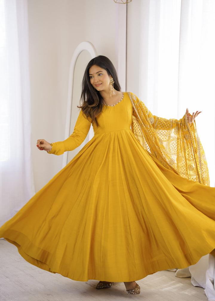 Mustard Yellow Flared Anarkali Suit With Embroidered Dupatta