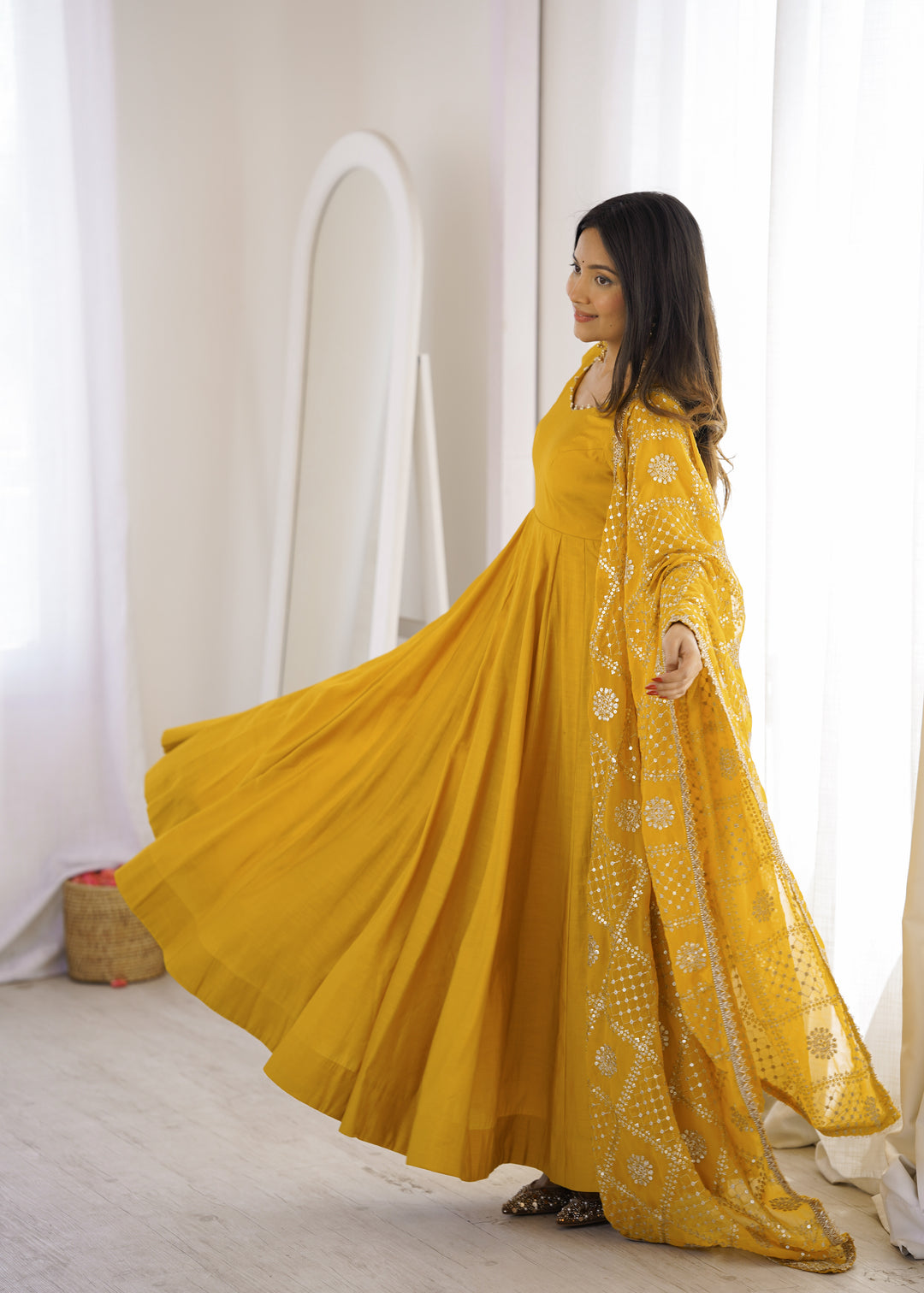 Mustard Yellow Flared Anarkali Suit With Embroidered Dupatta