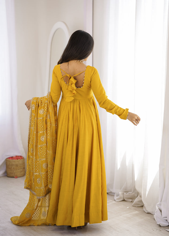 Mustard Yellow Flared Anarkali Suit With Embroidered Dupatta