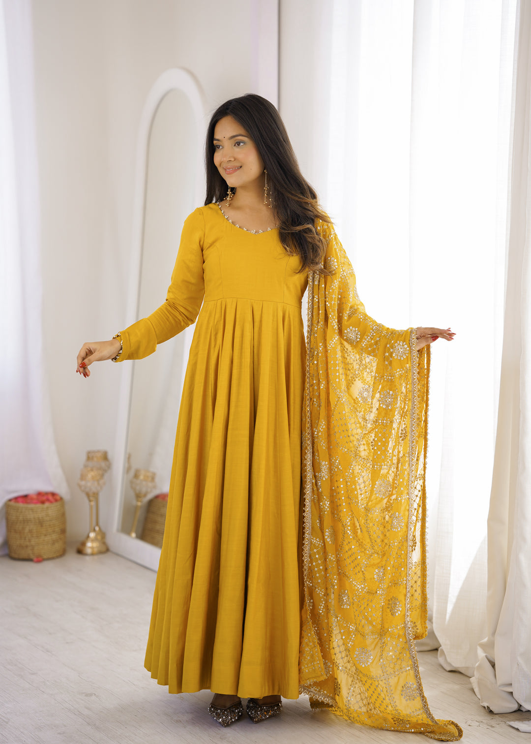 Mustard Yellow Flared Anarkali Suit With Embroidered Dupatta