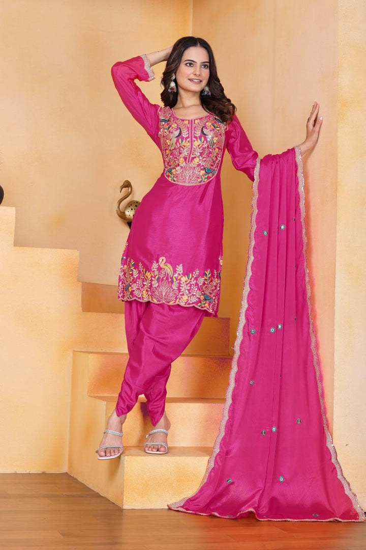 Rani Pink Designer Chinon Dhoti Suit with Coding Sequins Embroidery