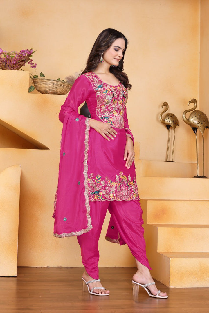 Rani Pink Designer Chinon Dhoti Suit with Coding Sequins Embroidery