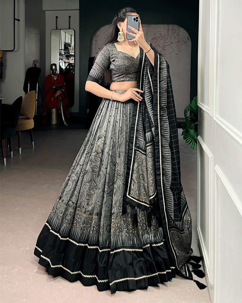 Grey Color Kalamkari Printed Flared Lehenga Choli Set