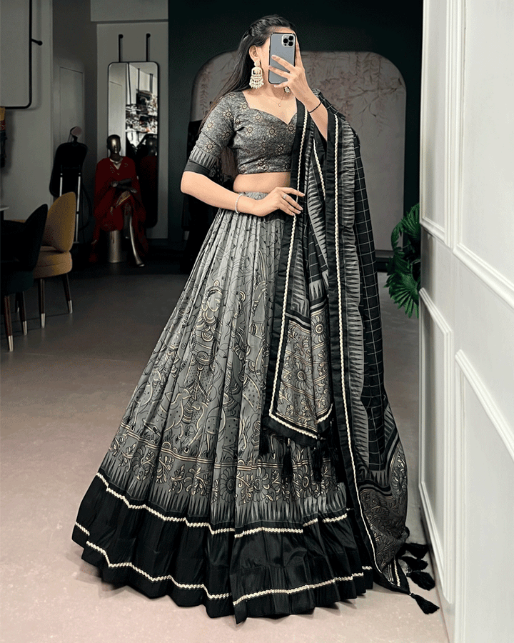 Grey Color Kalamkari Printed Flared Lehenga Choli Set