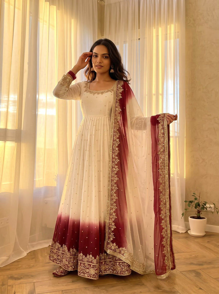 Off-White And Maroon Red Ombre Flared Embroidered Gown