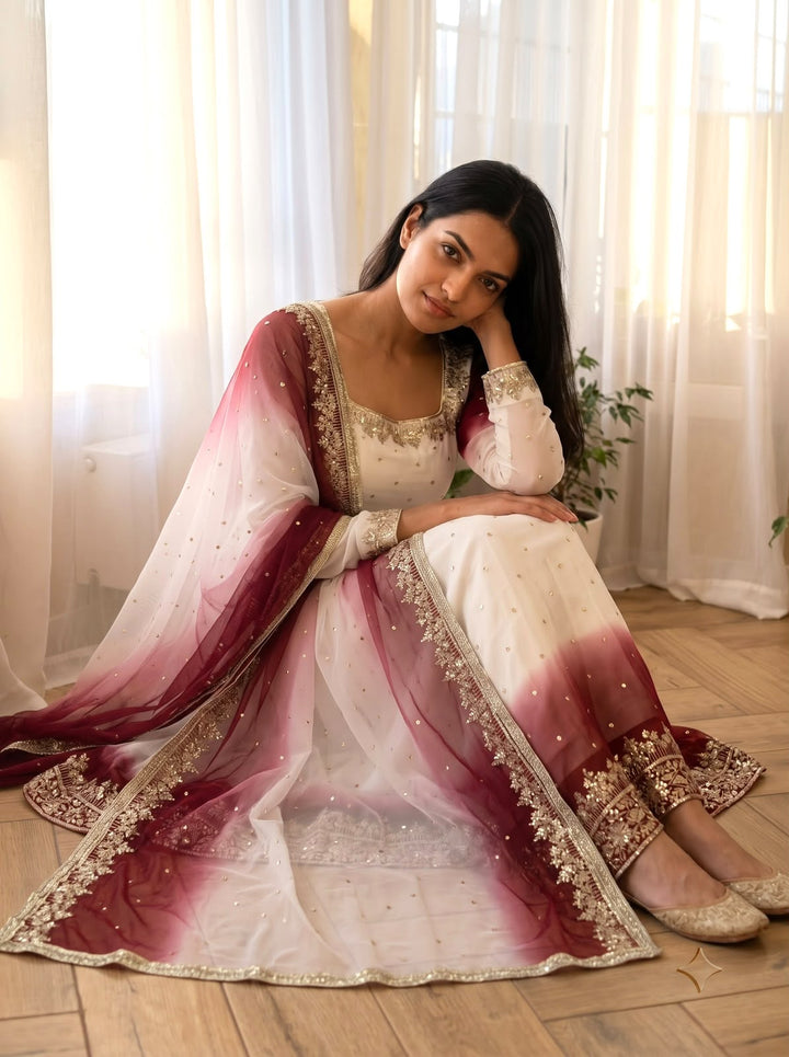 Off-White And Maroon Red Ombre Flared Embroidered Gown