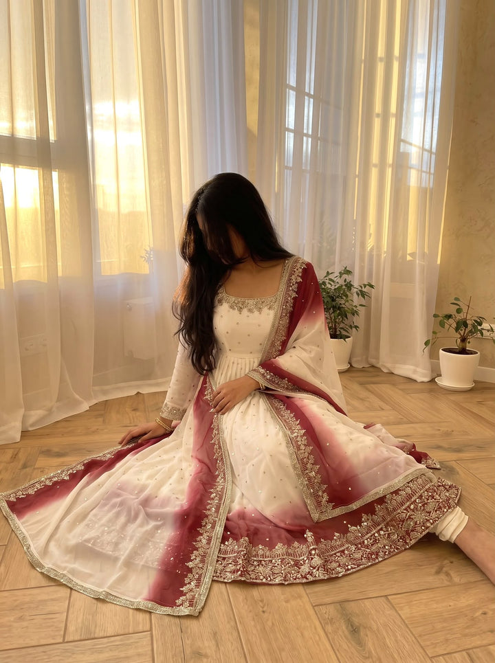 Off-White And Maroon Red Ombre Flared Embroidered Gown