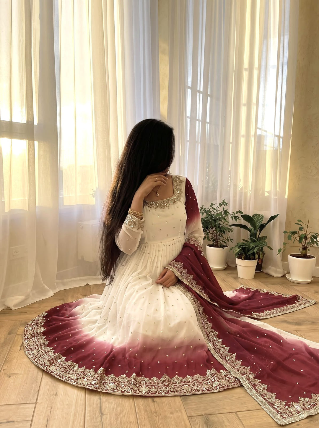 Off-White And Maroon Red Ombre Flared Embroidered Gown