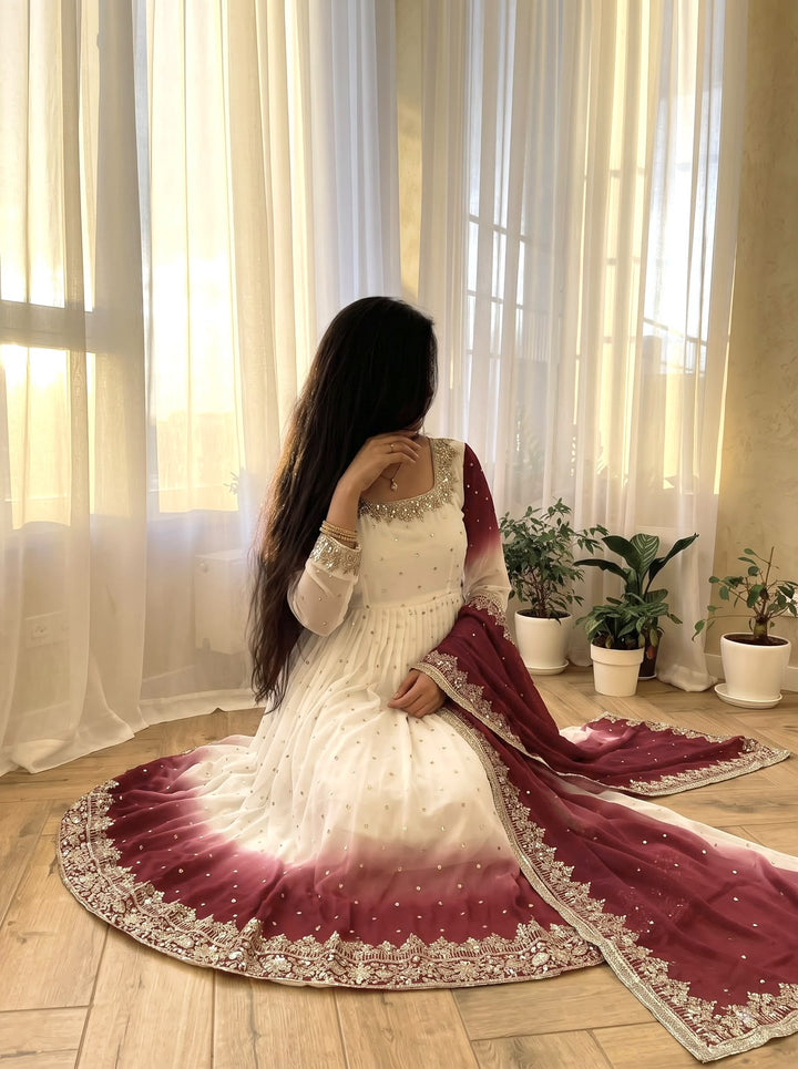 Off-White And Maroon Red Ombre Flared Embroidered Gown