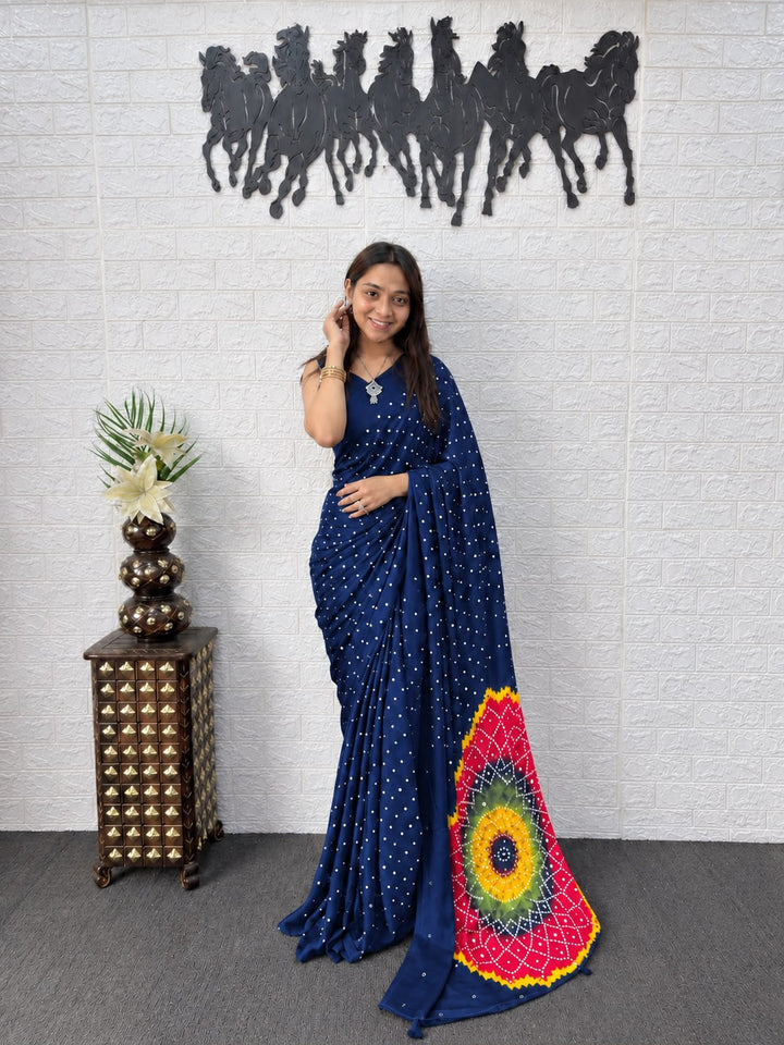 Navy Blue Bandhej And Mandala Print Silk Saree
