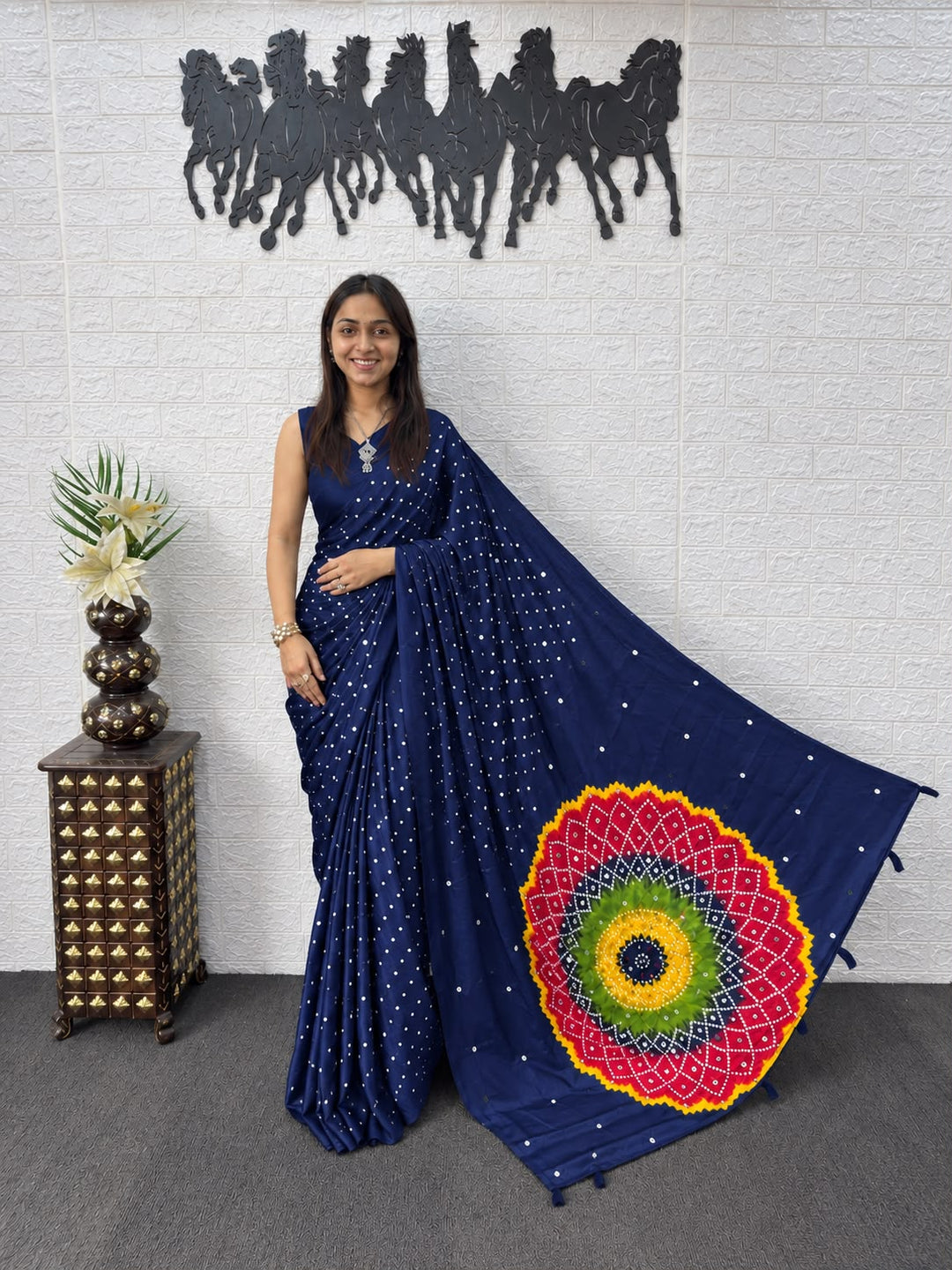 Navy Blue Bandhej And Mandala Print Silk Saree