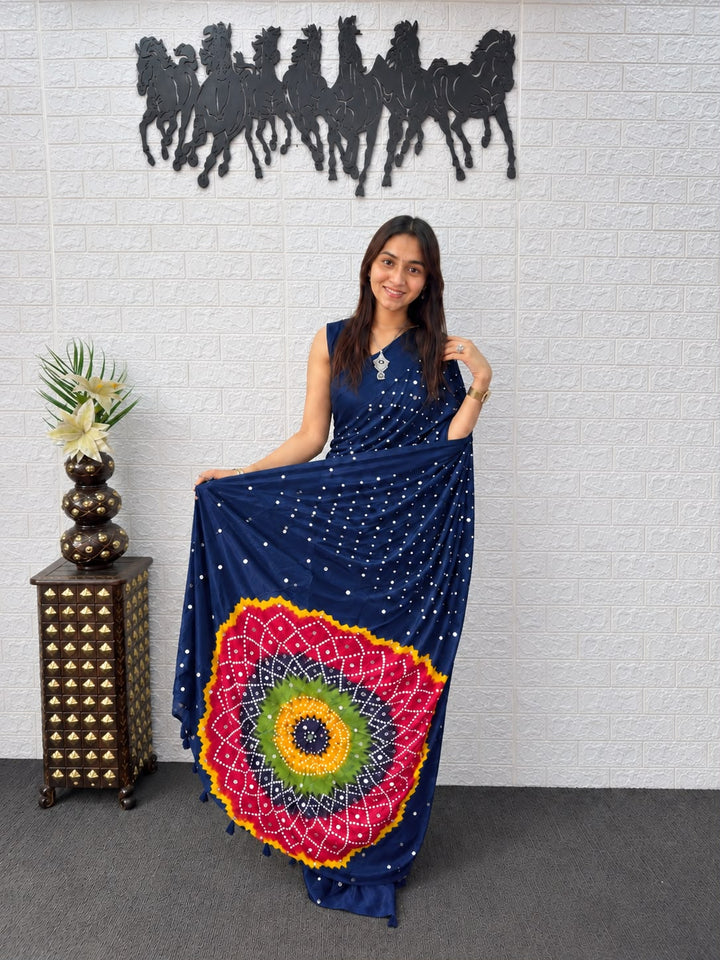 Navy Blue Bandhej And Mandala Print Silk Saree