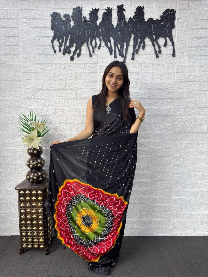 Black Bandhej And Mandala Print Silk Saree